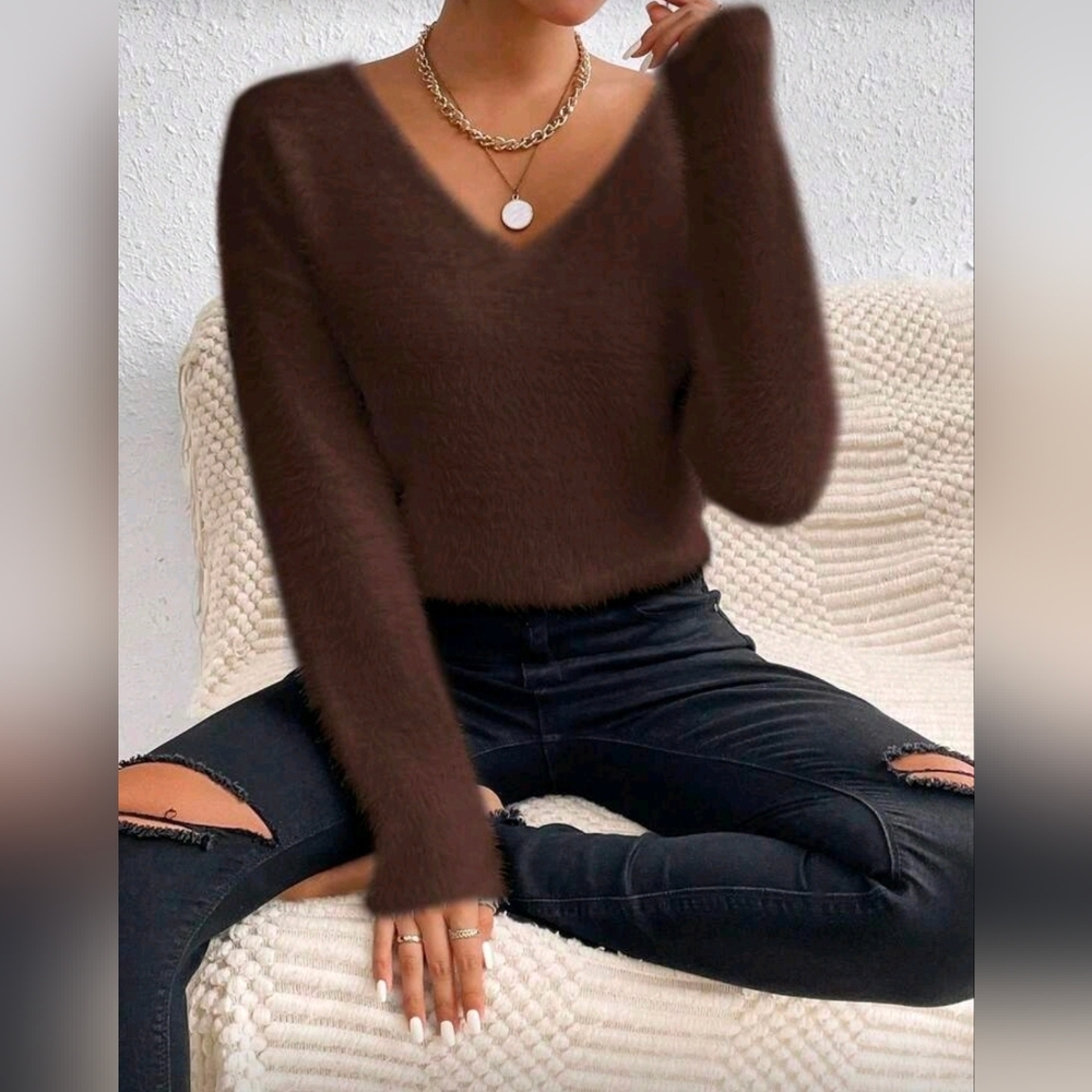 New Luxe Fluffy Knit V Neck Sweater Top Brown